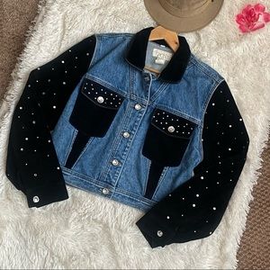 Cache Blue & Black Denim Jewel Button Studded Real Leather Jean Women’s Jacket